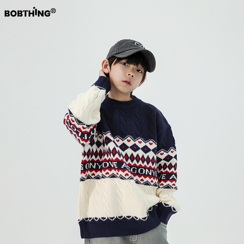 男童复古绞花圆领毛衣加厚打底衫