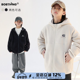 男童冬装明线包边双面绒连帽外套儿童拉链开衫一体绒加厚卫衣童装