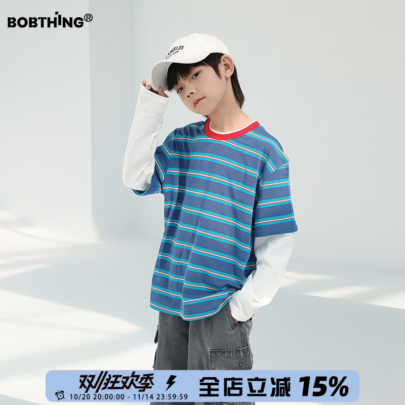 男童春装2025新款儿童蓝条假两件T恤衫洋气秋韩版中大童长袖打底