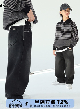 口袋小明线儿童冬季一体绒牛仔裤黑色长裤男童加厚休闲直筒裤子潮