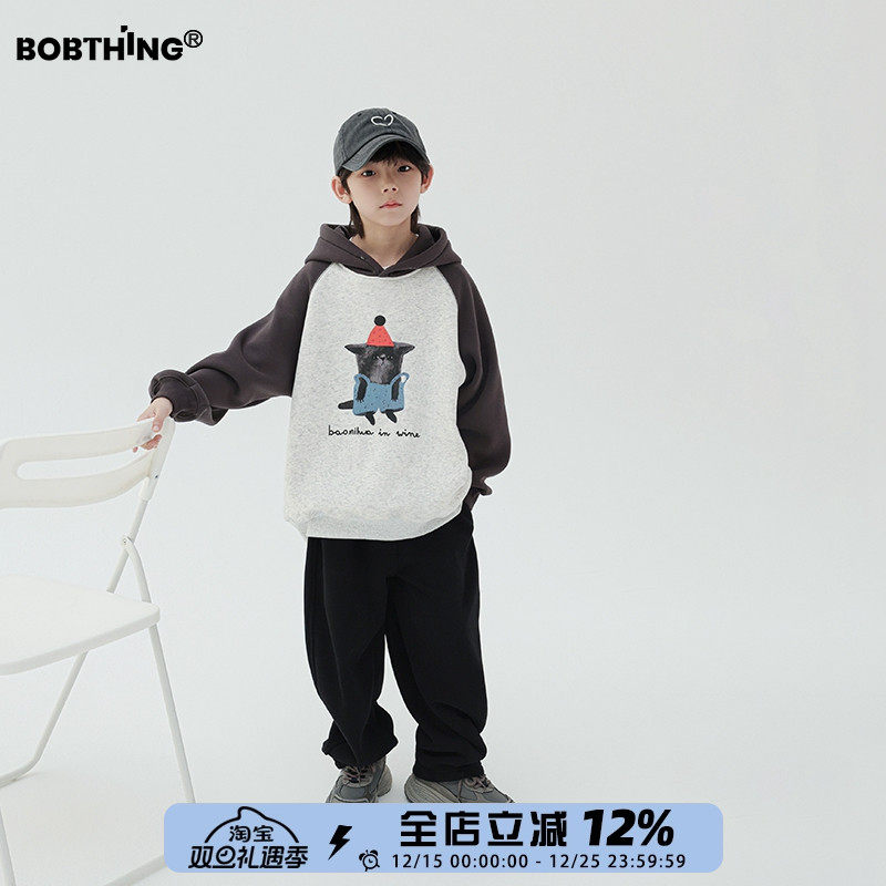 儿童潮牌卡通印花一体绒连帽卫衣