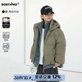 男童冬装牛仔拼接假两件羽绒服连帽厚外套儿童90白鸭绒上衣潮童装
