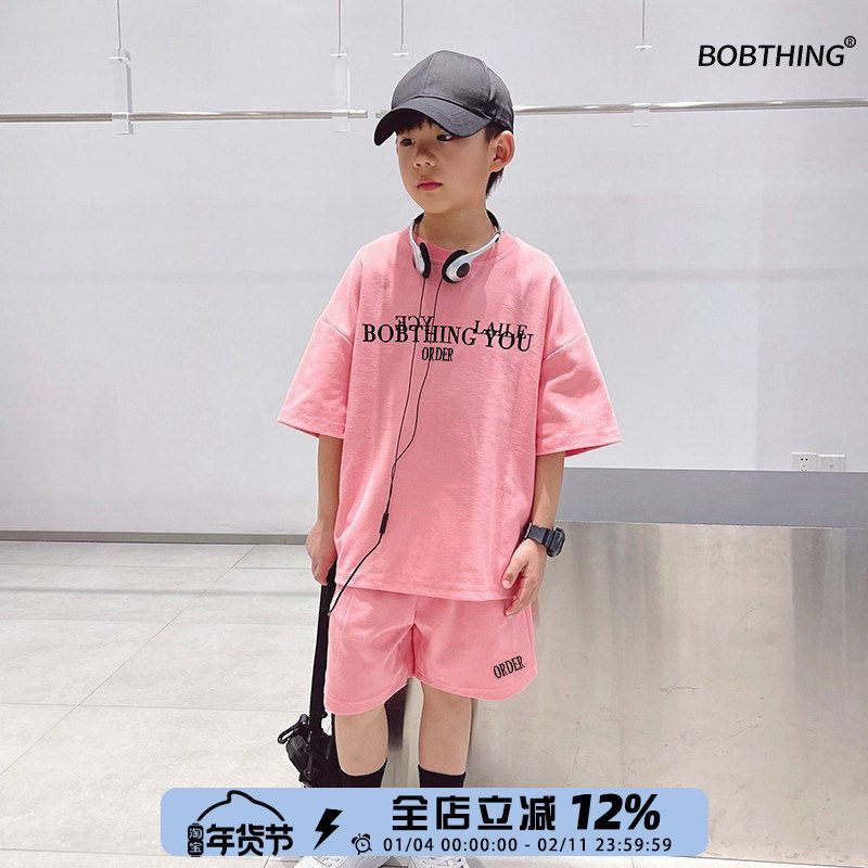 儿童夏季华夫格短袖中裤2件运动套装男童粉T恤潮半袖童装五分裤子