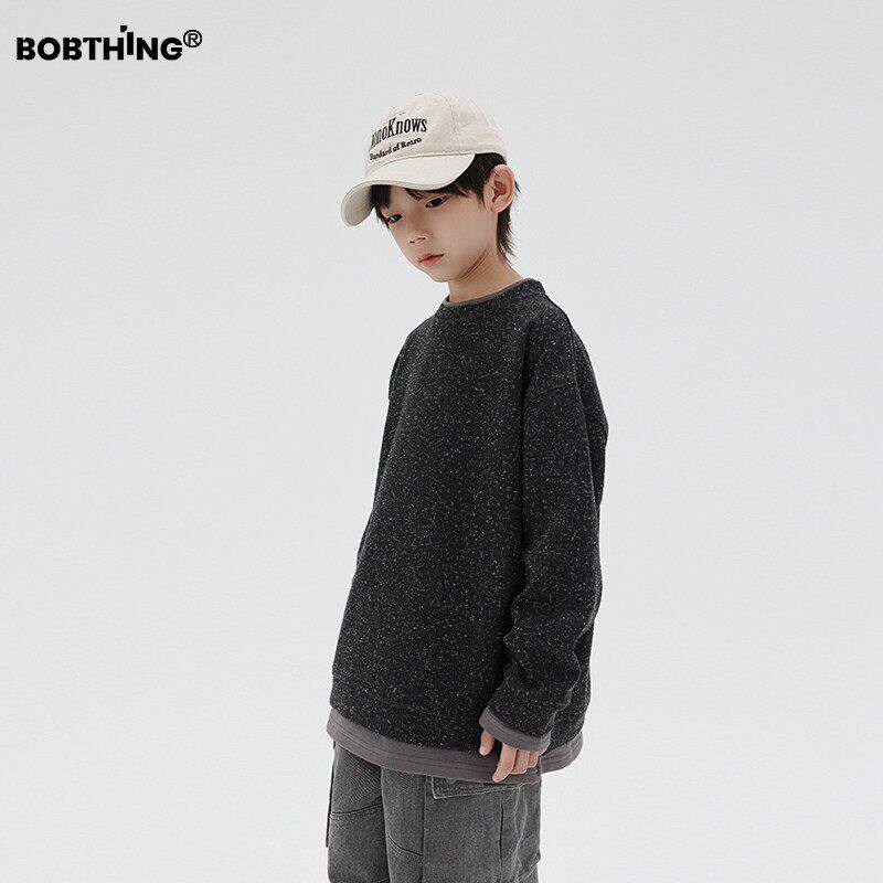 男童雪花点假两件抓绒毛衣冬季加厚打底线衫儿童潮牌圆领卫衣童装