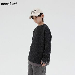 男童雪花点假两件抓绒毛衣冬季加厚打底线衫儿童潮牌圆领卫衣童装