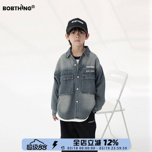 男童冬季加绒加厚牛仔衬衫2024新款儿童工装风衬衣翻领外套潮童装