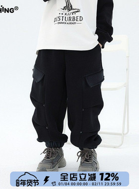 儿童百搭黑色工装裤一体绒运动裤男童冬季加厚保暖卫裤童装裤子潮