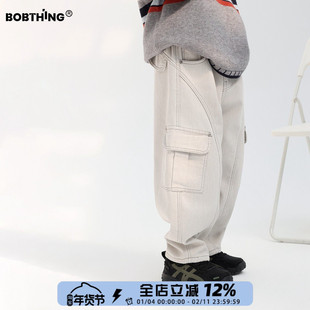 男童冬季一体绒米白色工装裤加厚牛仔裤儿童休闲布裤童装直筒裤子