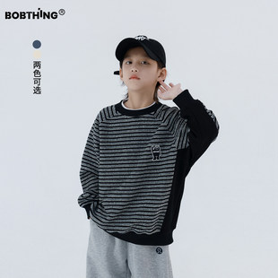 男童秋冬季个性拼接条纹卫衣圆领2025新款儿童厚打底衫潮童装上衣