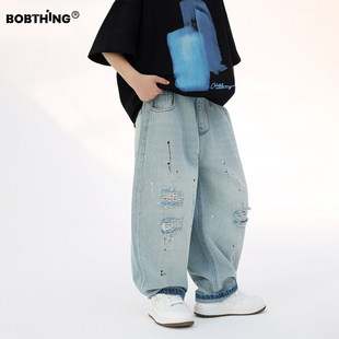 男童春装喷漆破洞牛仔裤百搭直筒裤子2026新款儿童宽松水洗浅色裤