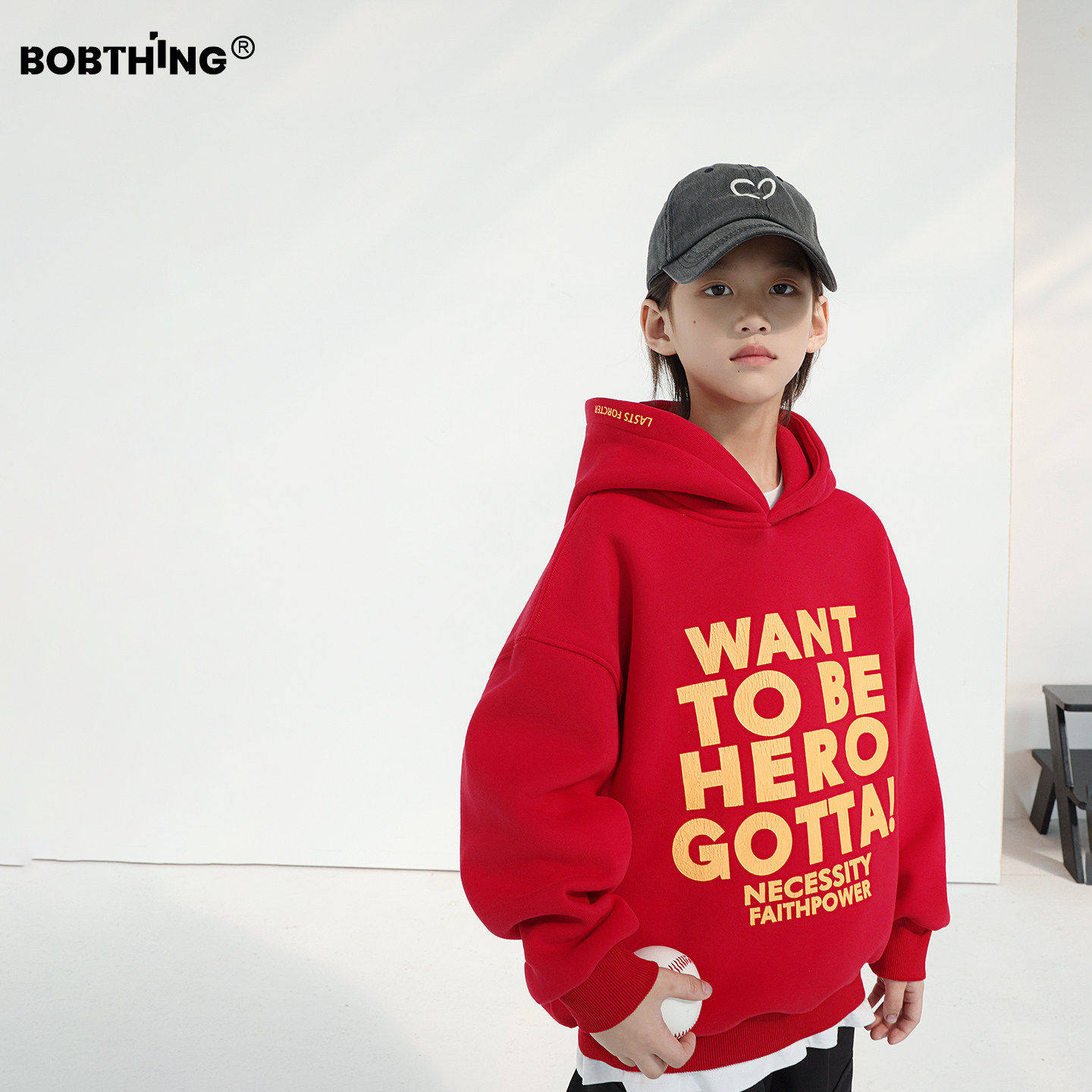 男童冬装黄字母一体绒连帽卫衣红色套头上衣儿童加厚帽衫外套童装