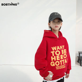 男童冬装黄字母一体绒连帽卫衣红色套头上衣儿童加厚帽衫外套童装