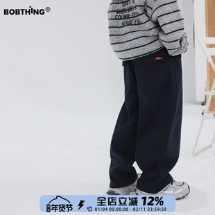 儿童藏青色简约长裤抓绒布裤男童冬季加厚休闲裤童装直筒裤子薄绒