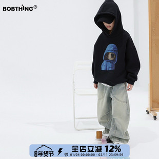 儿童潮酷狗狗印花一体绒连帽卫衣套头男童冬装帽衫厚外套中大童装