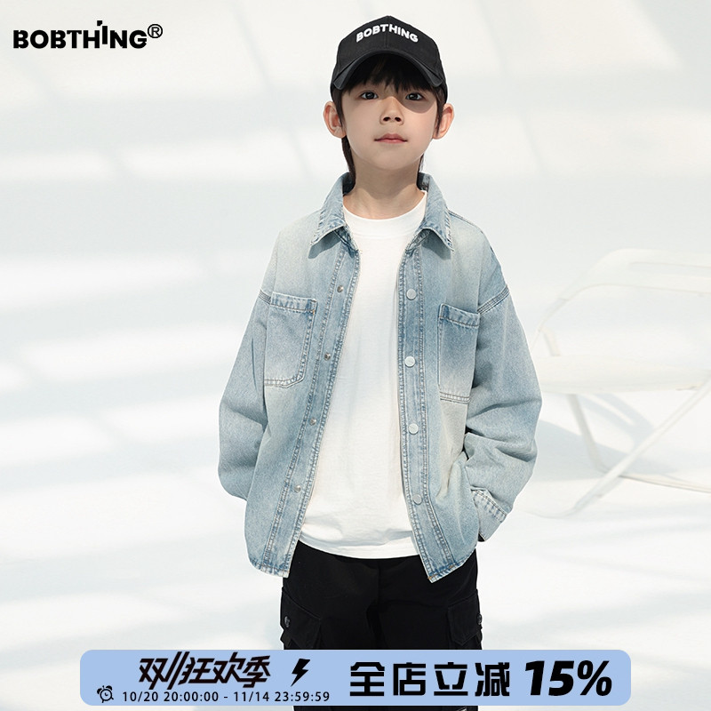 男童春秋装2025新款儿童领口小标简约牛仔外套渐变长袖衬衫衬衣