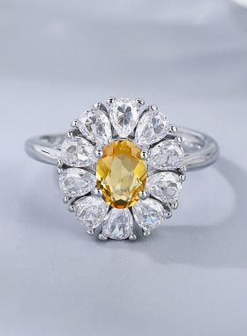 天然黄水晶女款戒指高级925银色