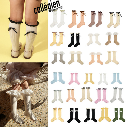 现货法国collegien26春夏新品女童蝴蝶结蕾丝边长筒袜膝盖袜