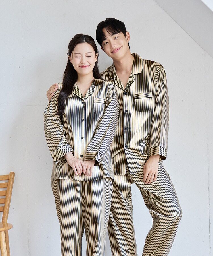 韩国进口carina正品26春季纯棉翻竖条纹男女长袖睡衣/家居服套装