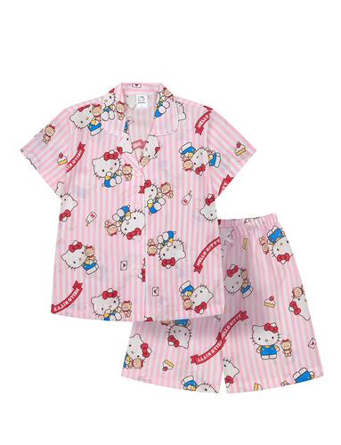 韩国童装进口Hello Kitty夏季天丝翻领女童短袖睡衣套装/家居服