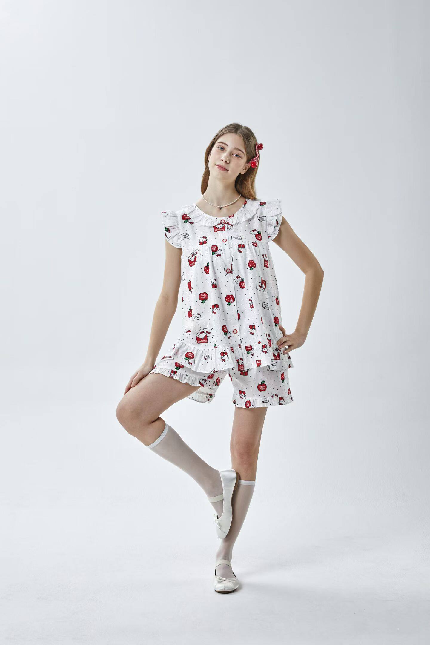 韩国进口Hello Kitty正品26夏季短袖猫咪苹果纯棉睡衣/家居服套装