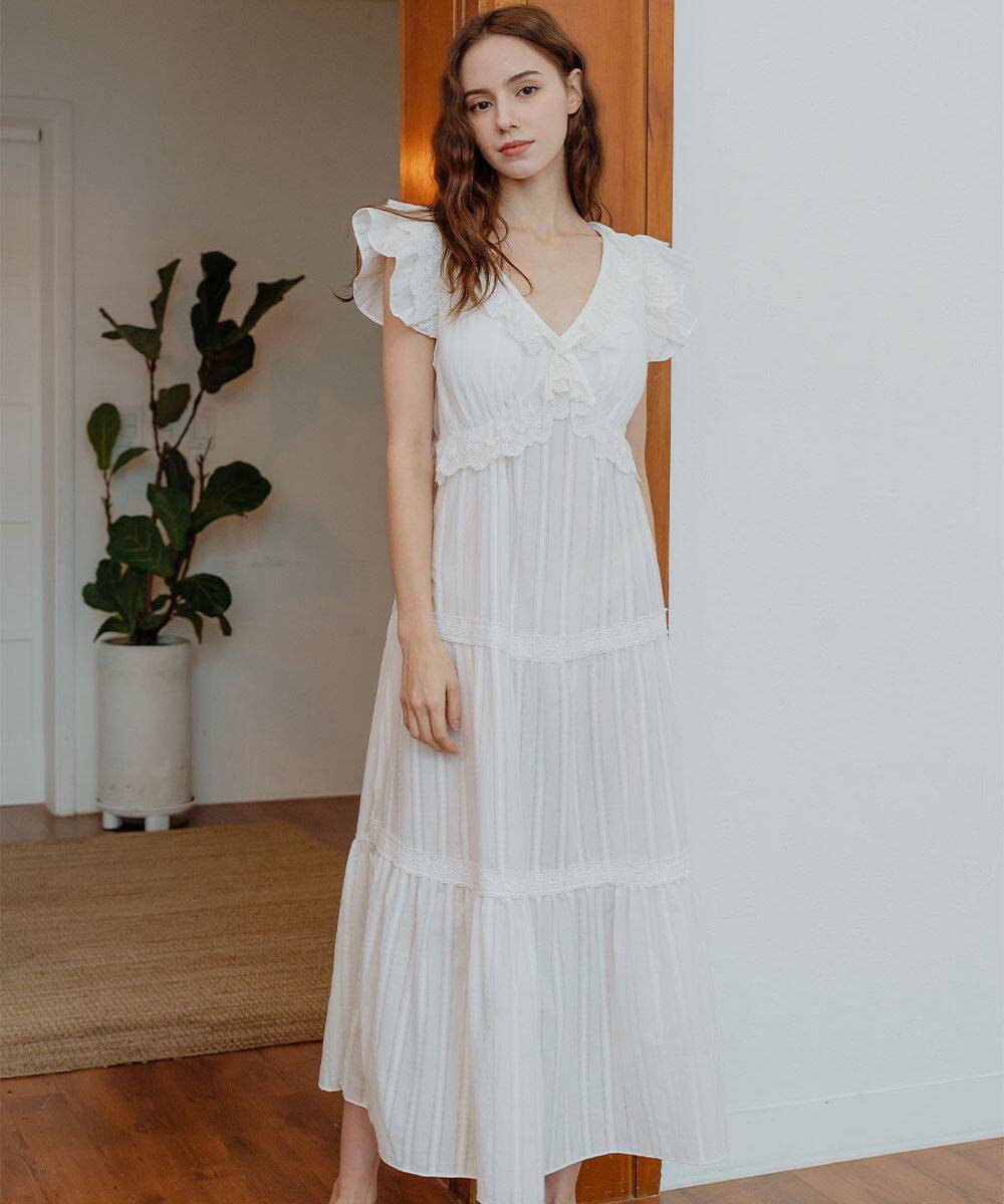 韩国进口lunaluz正品 23夏季V领纯棉镂空刺绣仙女无袖睡裙/家居服