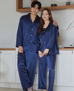 韩国进口carina正品 24春季丝滑蕾丝点点男女长袖睡衣套装/家居服
