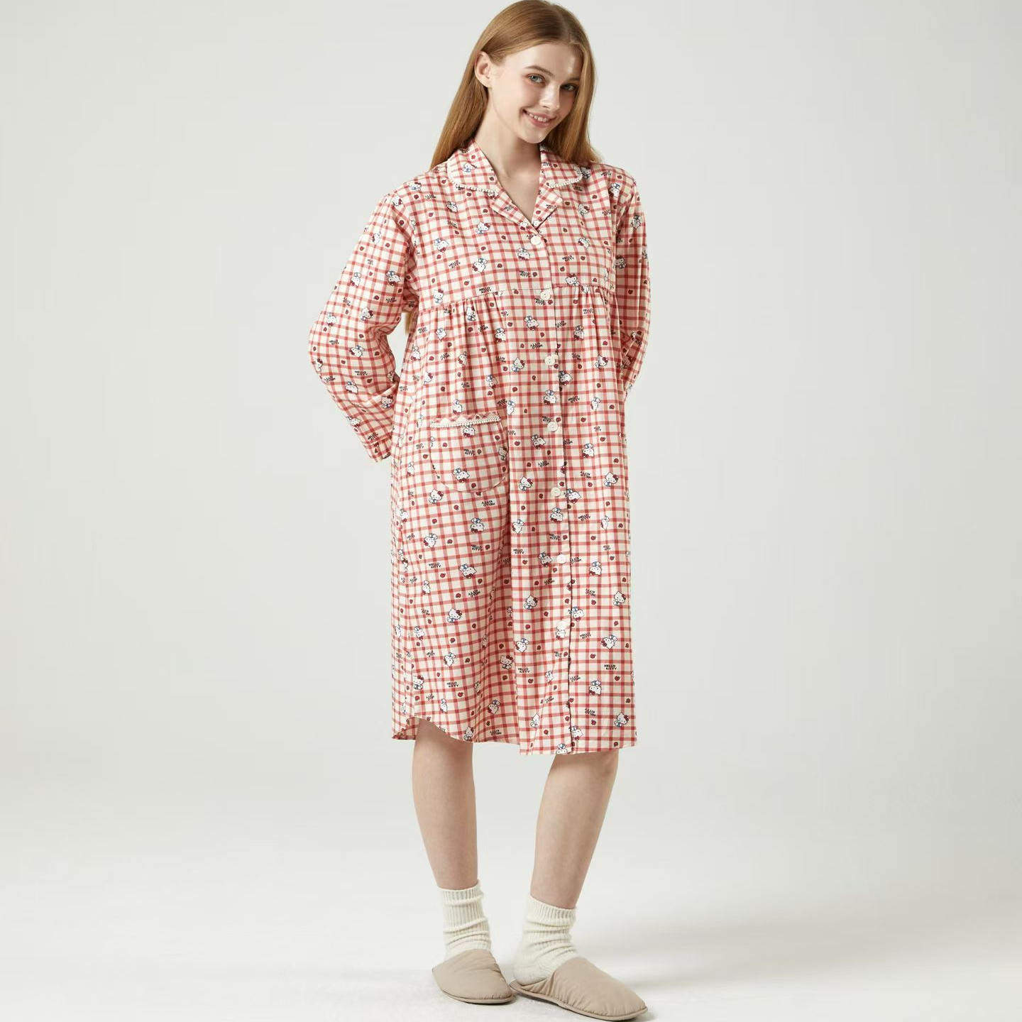韩国进口品牌 秋季Hello kitty翻领娃娃服纯棉长袖睡裙睡衣家居服