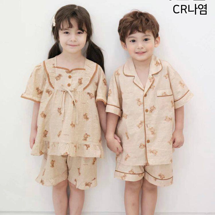 韩国进口童装SOLO 24夏季小熊透气棉男女儿童短袖家居服/睡衣套装