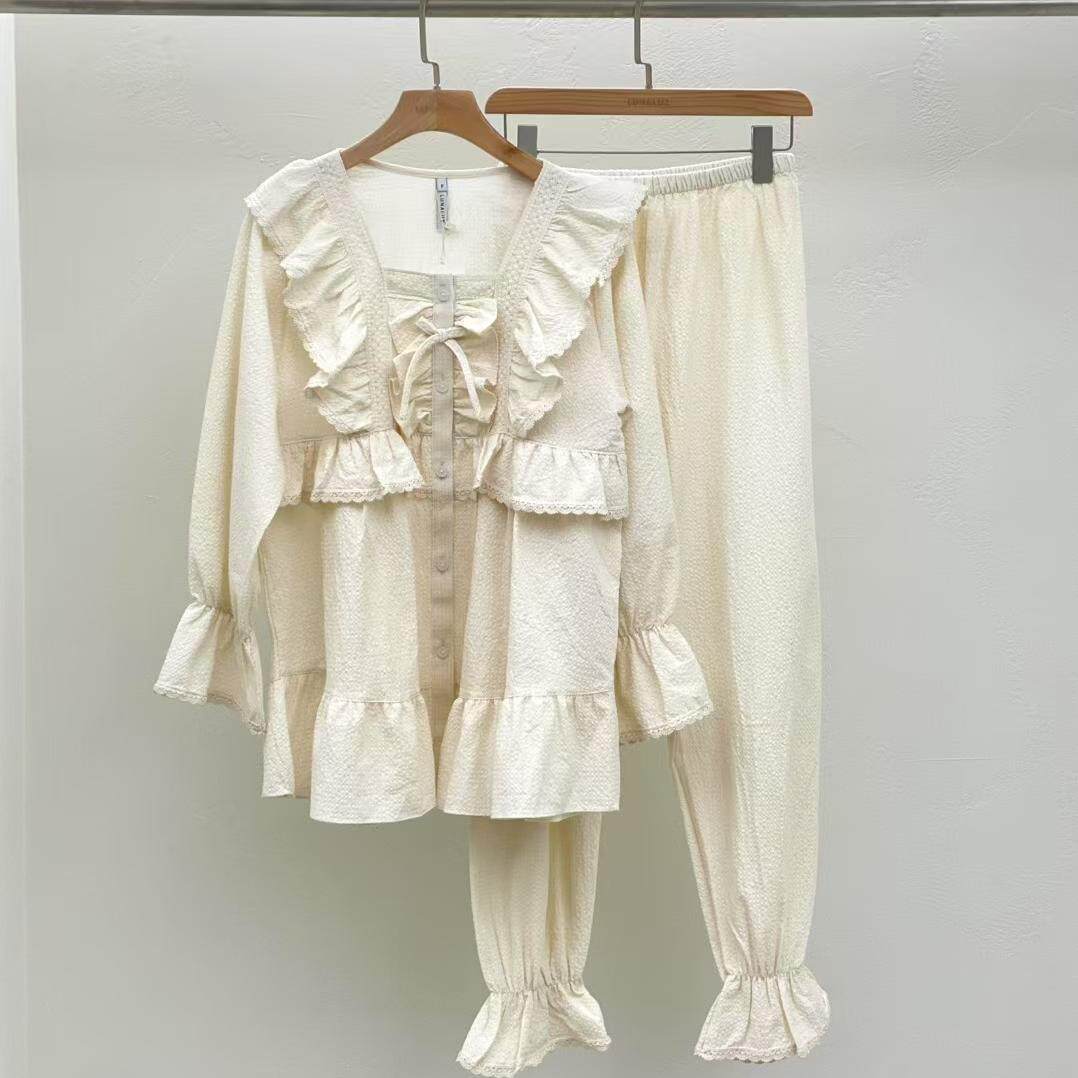 韩国进口lunaluz正品 25春季宫廷风仙女花边长袖女睡衣/家居服套