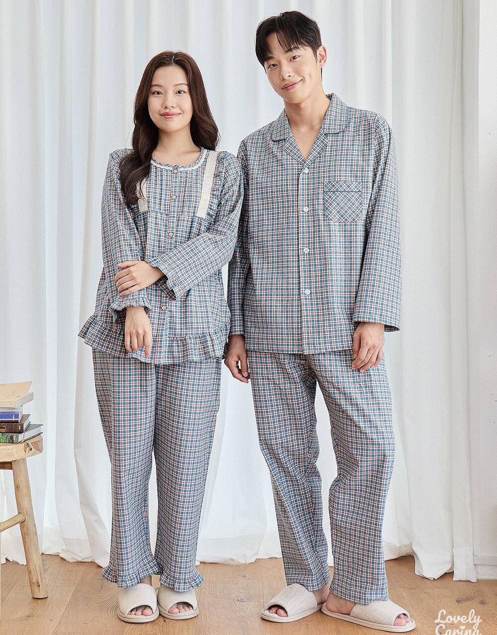 韩国进口carina正品秋冬季磨毛棉蓝格子男女长袖睡衣/家居服套装