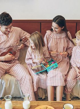 韩国进口童装orcite品牌 春季亲子装儿童格子翻领家居服/睡衣套装