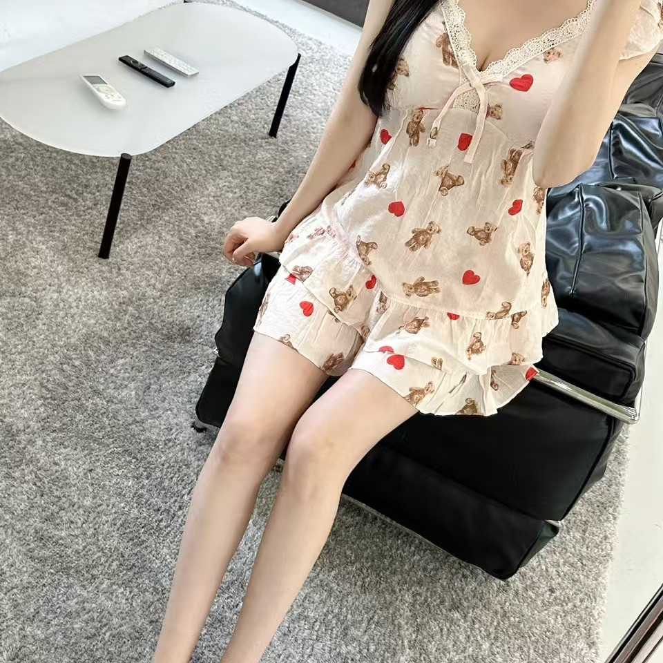 韩国进口lunaluz正品25夏季V领垫胸小熊爱心混纺睡衣/家居服套装