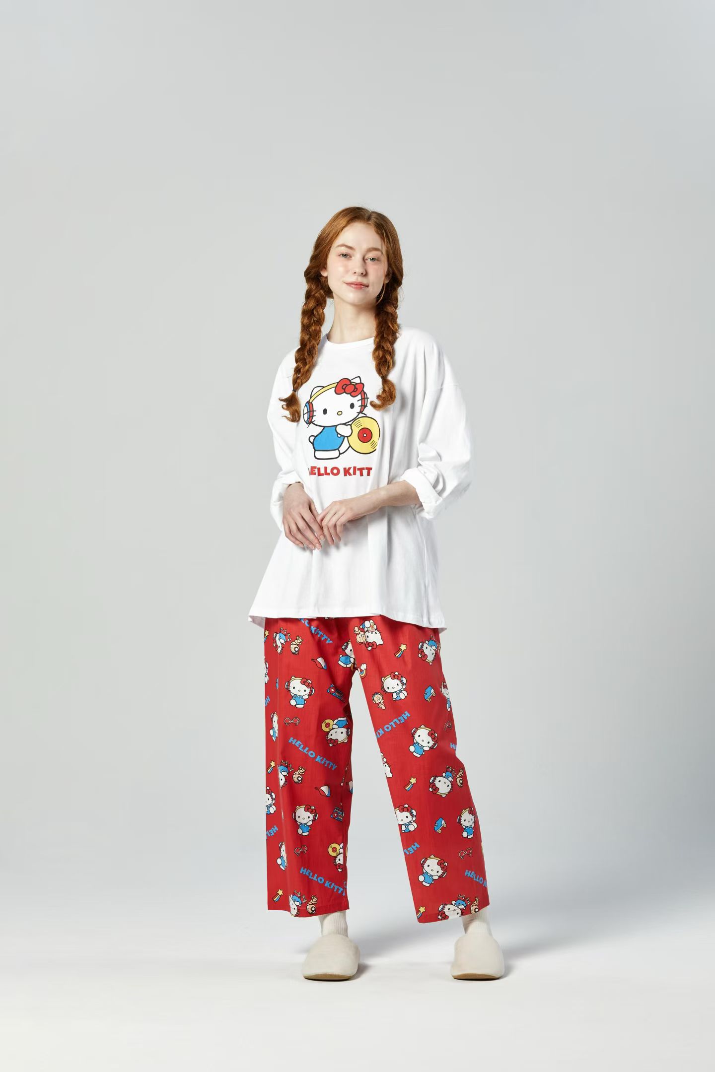 韩国进口hello kitty卡通可爱针织棉宽松T恤长袖睡衣/家居服套装