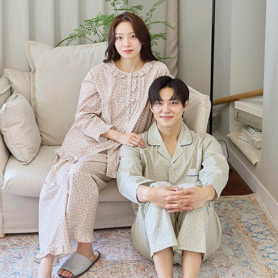 韩国进口carina正品 2024秋季小碎花纯棉男女长袖睡衣/家居服套装