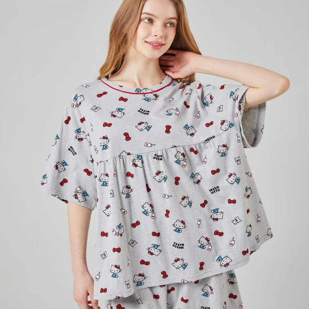 韩国进口正品25夏季hello kitty猫短袖针织棉宽松睡衣/家居服套装