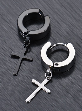 潮流男士耳夹小众潮男酷帅耳钉黑色十字架耳环痞帅简约无耳洞耳坠