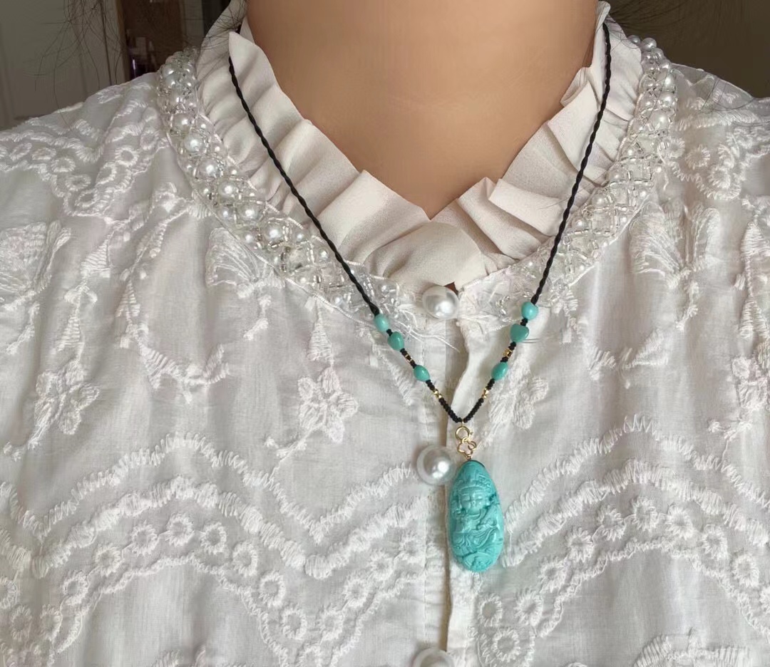 湖北原矿无优化绿松石精工观音吊坠挂件男女款高瓷蓝附证书dy