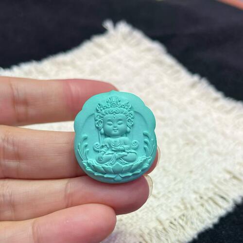 天然湖北原矿无优化高瓷玉化料绿松石精工雕刻观音吊坠项链附证书