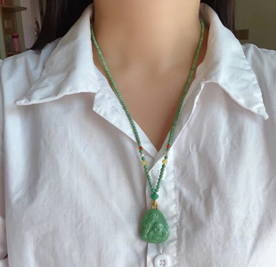 天然绿松石湖北十堰弥勒佛高瓷绿吊坠精工瓷釉级项链锁骨链10.5克