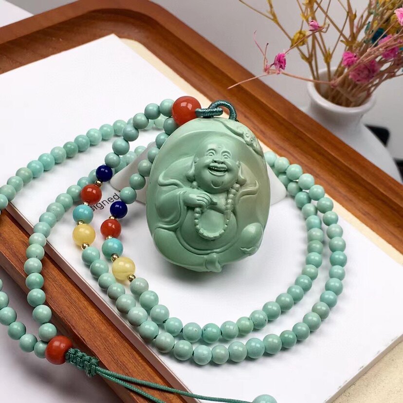 精品天然湖北原矿绿松石笑佛吊坠毛衣链玻璃瓷菜籽黄色女款附证