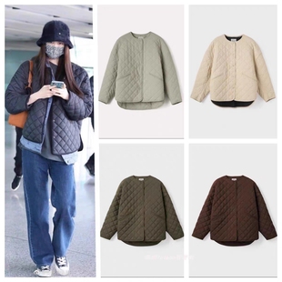 腔调 北欧小众TT 极简风叠穿神器菱格棉服沙绿色棉衣女休闲外套