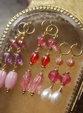 Asyouwish紫色粉琉璃耳夹vintage小香风中古董优雅首饰复古耳环女