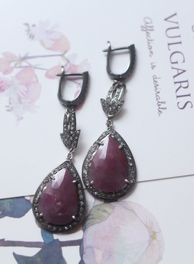 Asuw英国订单中古风格天然红宝石钻石vintage复古925银镀金耳环女