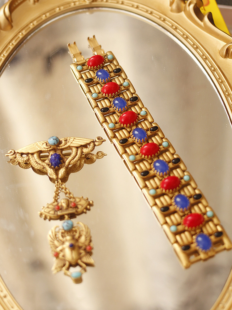 askew london正品埃及风格手链胸针套装中古董艺术珠宝铜镀24k金