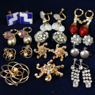 欧美复古中古董Trifari老琉璃莱茵石耳钉vintage孤品耳夹耳环