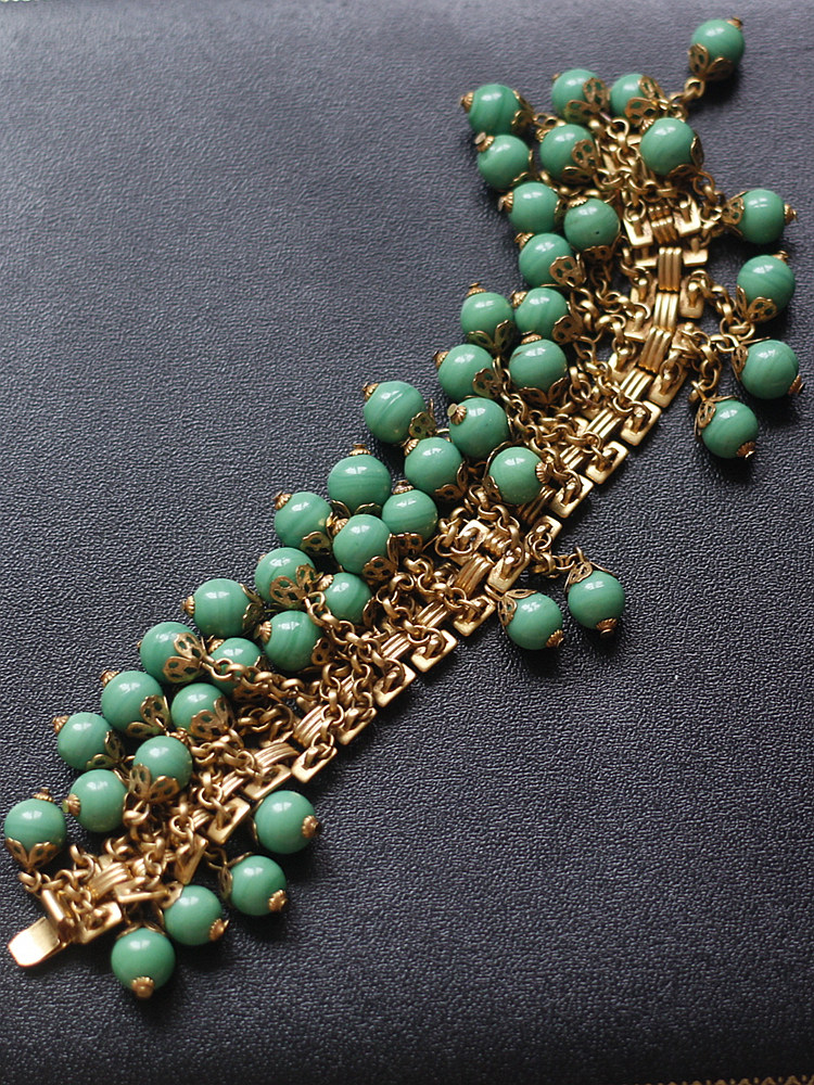 askew london正品祖母绿老琉璃流苏手链中古铜24k艺术珠宝vintage