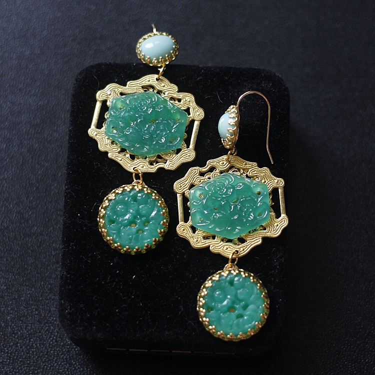 欧洲中古老琉璃Vintage夸张耳环