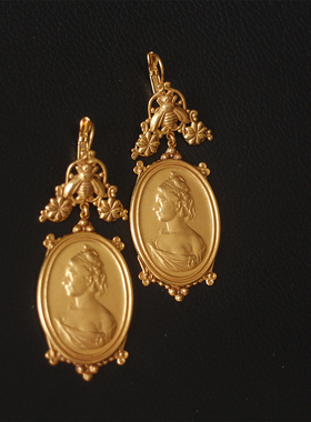 如意|Askew London正品人像cameo铜镀24k金耳环耳饰中古艺术珠宝