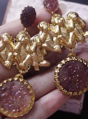 三不猴欧美中古董禅意雕刻老琉璃Vintage夸张askew london风耳环