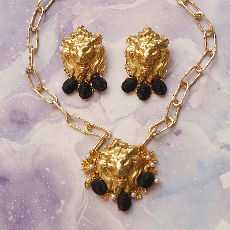 狮子铜人像cameo老琉璃耳夹项链